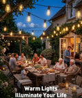 Family gathered under 65 Foot Solar String Lights Outdoor Waterproof LED Edison Bulb With Remote For Patio Backyard Garden Gazebo.