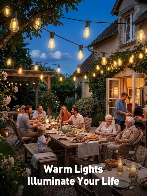Family gathered under 65 Foot Solar String Lights Outdoor Waterproof LED Edison Bulb With Remote For Patio Backyard Garden Gazebo.