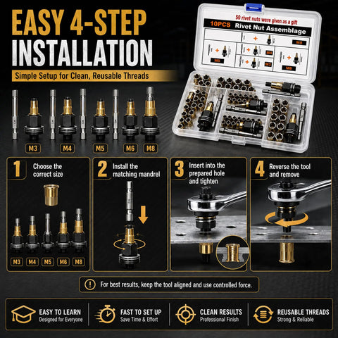 Heavy Duty Carbon Steel Rivet Nut Tool Set M3 To M8 Fits Thin Sheet Metal Tubing With Setter Creates Threaded Inserts Fast In Compact Case Good For Mechanics And DIY Guys Wanting Real Heavy Duty Gear For Any Job Site On The Go. compact kit with M3-M8 rivet nuts and mandrels in case