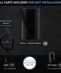 Top Tier Premium Metal Curtain Rings With Quiet Smooth Removable Nylon Inserts Pinhooks And Clips Included One Point Five Inch Inside Diameter 18 Rings For Two Standard Curtains Ultra Sleek Tuxedo Black, displayed with accessories for easy installation.