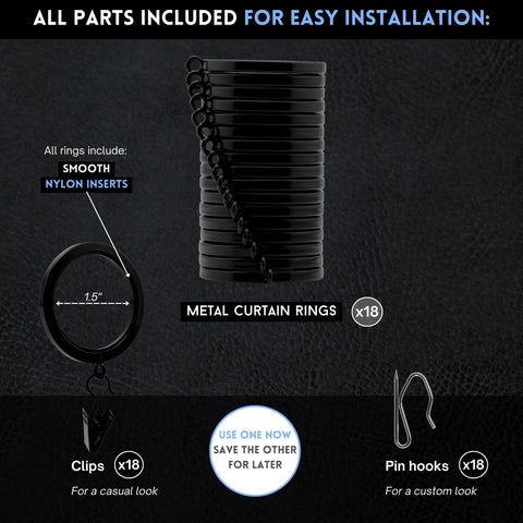 Top Tier Premium Metal Curtain Rings With Quiet Smooth Removable Nylon Inserts Pinhooks And Clips Included One Point Five Inch Inside Diameter 18 Rings For Two Standard Curtains Ultra Sleek Tuxedo Black, displayed with accessories for easy installation.