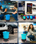 Two Pack Round Plastic Bucket Dollies With Five Quick Spin Swivel Casters For Smooth Easy Rolling Heavy Duty Mobile Base Stands No Sweat Transport For Car Washes Or Lugging Flower Pots Around The Shop In Black, used in car wash.