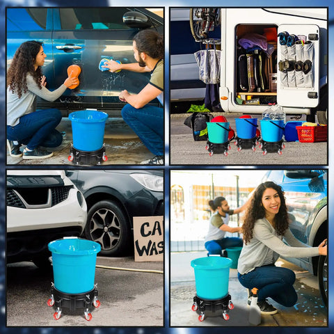 Two Pack Round Plastic Bucket Dollies With Five Quick Spin Swivel Casters For Smooth Easy Rolling Heavy Duty Mobile Base Stands No Sweat Transport For Car Washes Or Lugging Flower Pots Around The Shop In Black, used in car wash.