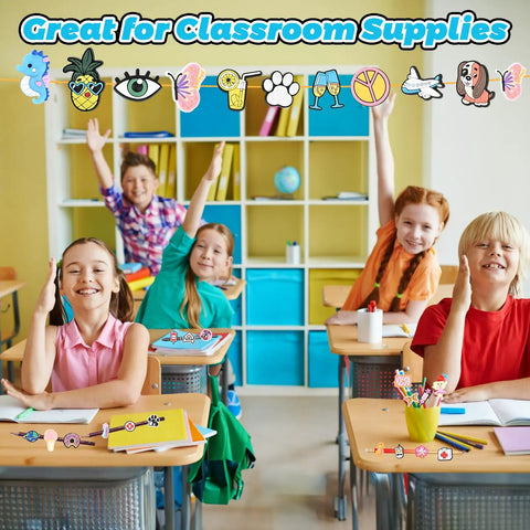 Children in classroom with 200 Pack Pencil Toppers and Charms Set, Assorted Colorful Designs for Classroom Rewards and Prizes.