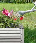 Close-up of galvanized raised garden beds 2 pack metal garden kit 4x8x1 feet each for flowers, being watered