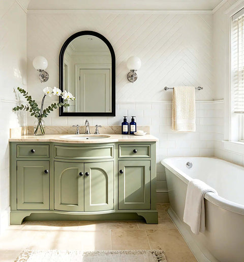 Bathroom with green vanity featuring beefy matte black zinc alloy cabinet knobs 5 pack, single hole pulls for cupboards and dressers.