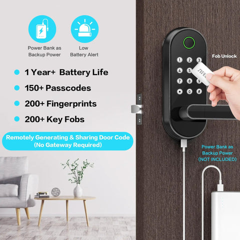 Fingerprint Smart Door Lock With Handle And Keypad Bluetooth Keyless Entry For Front Door Home Airbnb And Rentals App Access And Code Entry Works With Alexa And Google Easy DIY Install, showing a hand using a fob for unlocking.