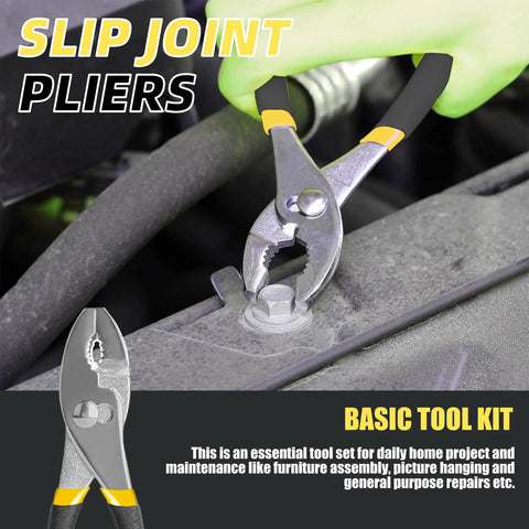 Yellow 40 Piece Home Tool Set With Plastic Toolbox Case slip joint pliers in use for home repair projects.