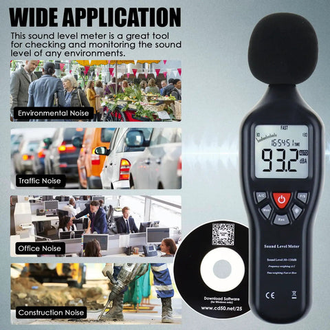 Pro Grade Sound Level Meter With Data Logger And Software, Auto Range, Backlit LCD, 30 to 130 dB Range, Wide Frequency 31.5 Hz to 8.5 kHz