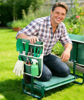 Man using Adjustable Garden Kneeler And Seat With Foldable Frame Wide Kneeling Pad And Two Tool Pouches Five Height Settings