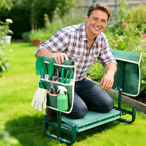 Man using Adjustable Garden Kneeler And Seat With Foldable Frame Wide Kneeling Pad And Two Tool Pouches Five Height Settings