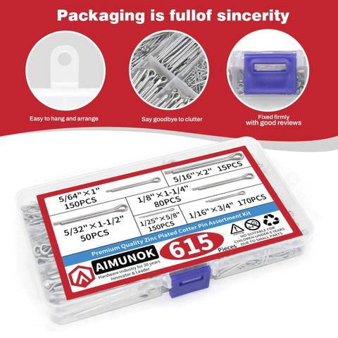 Packaging of Heavy Duty Zinc Plated Hairpin Cotter Pin Kit 615 Piece Must Have Assortment With Six Sizes Includes Split Pins