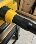 Two And A Half Inch Hose Adapter For Planer Dust Port Fits 735 And 735X Quick Friction Fit Secure Connection shown installed on planer