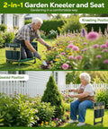 Elderly man and woman using 2In1 Garden Kneeler And Seat With Tool Bag, Heavy Duty Folding Stool Supports Up To 350 Lbs, Space Saving Design, Dark Green.