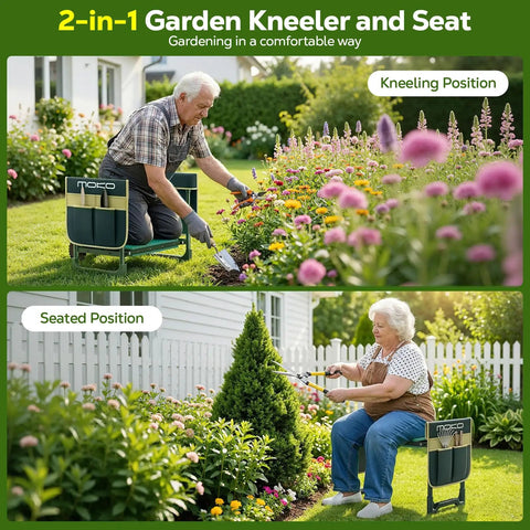 Elderly man and woman using 2In1 Garden Kneeler And Seat With Tool Bag, Heavy Duty Folding Stool Supports Up To 350 Lbs, Space Saving Design, Dark Green.