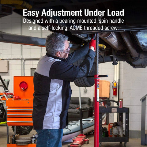 Sunex 6809A underhoist support stand in use under a vehicle; red steel stand with threaded screw and contoured saddle.