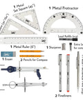 Pro Grade Geometry Set 15 Piece Drafting Kit With Protractor, Compass, Metal Ruler, Triangles, Pencils, Pens, Lead Refills And Sharpener In Durable Case For Students, Architects, And Engineers