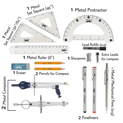 Pro Grade Geometry Set 15 Piece Drafting Kit With Protractor, Compass, Metal Ruler, Triangles, Pencils, Pens, Lead Refills And Sharpener In Durable Case For Students, Architects, And Engineers