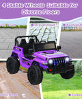 Kids Ride On Car Truck 12V Battery Powered Electric Vehicle With 2.4G Remote Control, 4 wheels on diverse surfaces, purple.