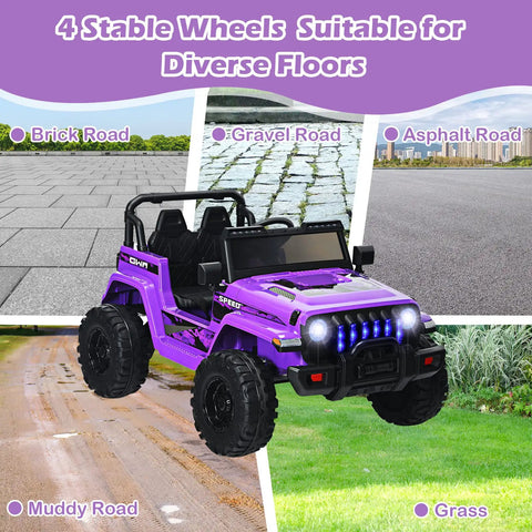 Kids Ride On Car Truck 12V Battery Powered Electric Vehicle With 2.4G Remote Control, 4 wheels on diverse surfaces, purple.