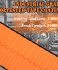 Industrial grade polyester coating on four pack 2 inch by 96 inch orange car tie down straps for trailers with 3300 lb load limit.