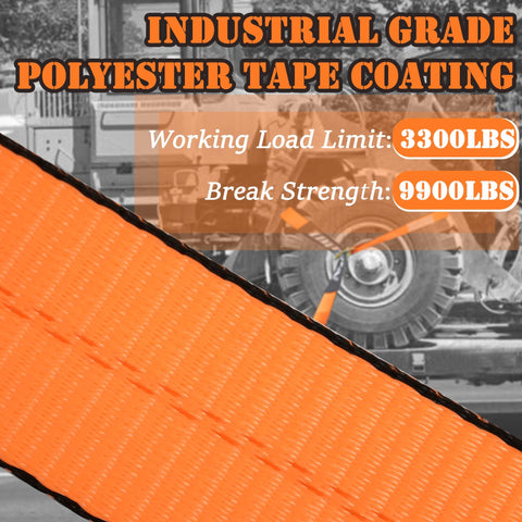 Industrial grade polyester coating on four pack 2 inch by 96 inch orange car tie down straps for trailers with 3300 lb load limit.