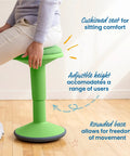 Person sitting on Sitwell Wobble Stool With Cushion Adjustable Height Active Seating For Movement Perfect For Class Or Home Grassy Green