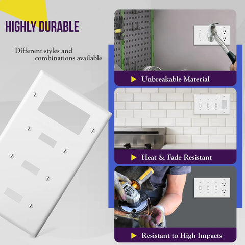 Combination Triple Toggle And Single Decorator Rocker Outlet Wall Plate Four Gang Standard Size 4.5 By 8.19 Inches Built Tough Durable Polycarbonate Thermoplastic UL Listed White