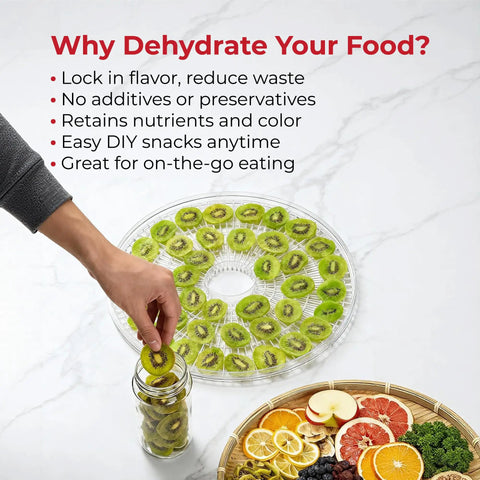 Straight Up Five Tray Food Dehydrator Machine With Adjustable Temperature Dial Horizontal Heat Flow For Preparing Homemade Jerky Fresh Herbs Ripe Fruit Crunchy Veggies Zero Additives Bpa Free White, showcasing dehydrated kiwi slices.