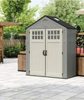 Everett 6x3 Ft Vertical Storage Shed with lockable double doors, windows, and skylight placed on a patio.