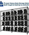 Heavy Duty Metal Shelving Rack With Five Layers And Mega Capacity To Store Kitchen Gear Power Tools And Pantry Supplies Without Breaking A Sweat 59 Inches Wide, holding weights, five-tier design.