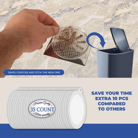 35 Pack Disposable Hair Catcher Mesh Strips For Shower Bathtub Sink Drain Stops Clogs Dead In Its Tracks Keeps Your Pipes Spotless A Straight Out No Sweat Solution with a person disposing used filter.