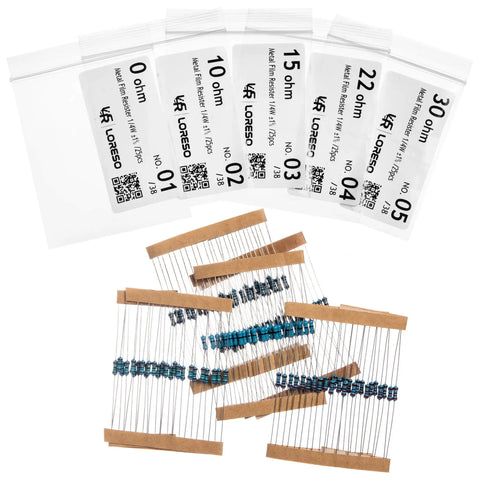 Massive 1200 Piece Resistor Assortment Kit With 38 Values, 1/4W 1% Metal Film Resistors, ROHS Compliant, packets and resistors visible