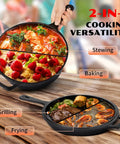 Two In One Cast Iron Dutch Oven With Lid That Doubles As A Shallow Skillet, showcasing stewing, baking, grilling, and frying.