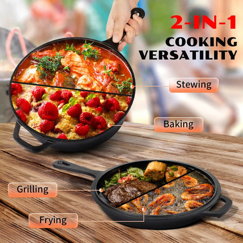 Two In One Cast Iron Dutch Oven With Lid That Doubles As A Shallow Skillet, showcasing stewing, baking, grilling, and frying.