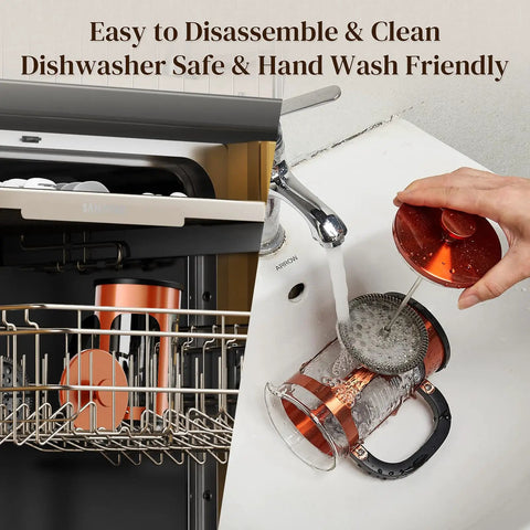 34oz No Plastic Touch French Press Coffee Maker With Heat Resistant Borosilicate Glass being cleaned in dishwasher and sink