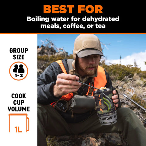 Man using Fast Boil Camping Stove With One Step Auto Ignition For Backpacking 1.0L Portable Propane Isobutane Burner in the outdoors.