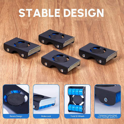 Heavy Duty Furniture Sliders With Wheels For 700 Lbs Load, 4 metal sliders on wood floor with anti slip pads and brakes