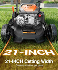 21 Inch Self Propelled Gas Lawn Mower displayed in grass, showcasing 21-inch cutting width and sturdy wheels with 170cc engine.