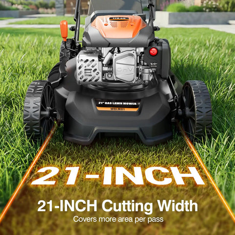21 Inch Self Propelled Gas Lawn Mower displayed in grass, showcasing 21-inch cutting width and sturdy wheels with 170cc engine.