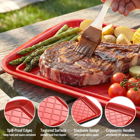 Stackable Grilling Prep And Serving Trays Set Of 2 Plastic BBQ Trays For Raw And Cooked Food Dishwasher Safe 17 By 10.5 Inches Outdoor Cooking Accessories For Parties Red And Black with steak and vegetables on red tray, spill-proof edges shown.