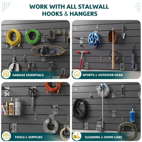 20 Piece Heavy Duty Slatwall Hook Kit for PVC Back Panel Steel Hangers displaying garage organization hooks and tools