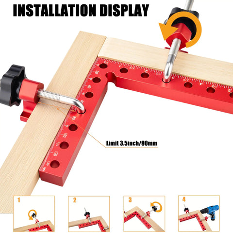 Four Pack 90 Degree Corner Clamps For Woodworking Pro Grade Aluminum Right Angle Clamps 5.5 Inch By 5.5 Inch Precision Jigs For Picture Frames Cabinets Boxes And Drawers That Pull Tight Every Time, red aluminum corner clamp on wood