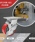 Heavy Duty 4 Inch Industrial Casters With Secure Rolling Brakes 3200 Lbs Capacity Polyurethane Treads on various floor types