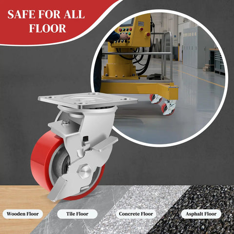 Heavy Duty 4 Inch Industrial Casters With Secure Rolling Brakes 3200 Lbs Capacity Polyurethane Treads on various floor types