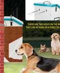 Heavy Duty Automatic Dog Feeder With Transparent Gravity Door And Fifteen Pound Capacity built for outdoor use, showing hanging holes and dogs.
