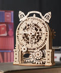 Vintage Mechanical Alarm Clock Kit And 3D Puzzle For Adults Hands On Desk Clock Making Toy Jigsaw Wood Clock Model DIY Brain Teaser Construction Set Four Point Nine Inch Height, wooden gear front view