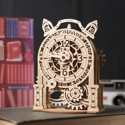 Vintage Mechanical Alarm Clock Kit And 3D Puzzle For Adults Hands On Desk Clock Making Toy Jigsaw Wood Clock Model DIY Brain Teaser Construction Set Four Point Nine Inch Height, wooden gear front view