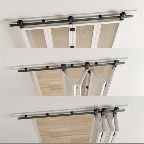Heavy Duty Bifold Barn Door Hardware Kit For Four Doors, Six Foot Sliding Track System, All Doors Open To One Side, Hardware Only