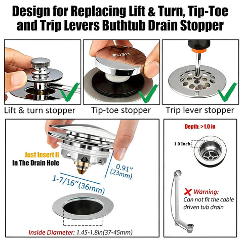 Image of Bathtub Drain Stopper Pop Up Tub Stopper Hair Catcher design for replacing various types of stoppers.